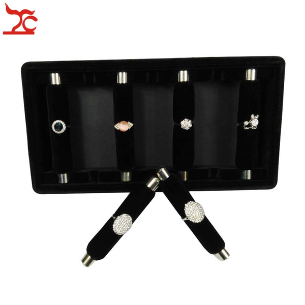 High Quality Detachable Ring Storage Tray Black Velvet 7 Metal Ring Bar Case Convenient Ring Holder Organizer Display Tray 24*12.5*5.5cm