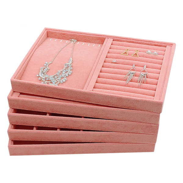 Pink Velvet Jewelry Display Tray without Lid Ring Necklace Earrings Lattice Trays for Jewellery Showcase Kiosk Accessories Organizer 35*24cm