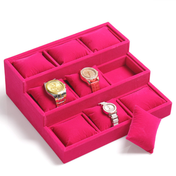 Rose Velvet Watch Display Tray Three Layer Trapezoidal Design Bangle Bracelet Jewelry Storage Stand Organizer Holder