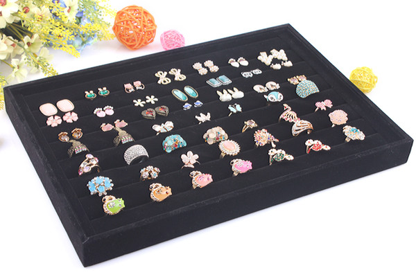 New arrival black velvet ring display plate fashion 7 grooves for rings earrings holder cases jewelry organizer box