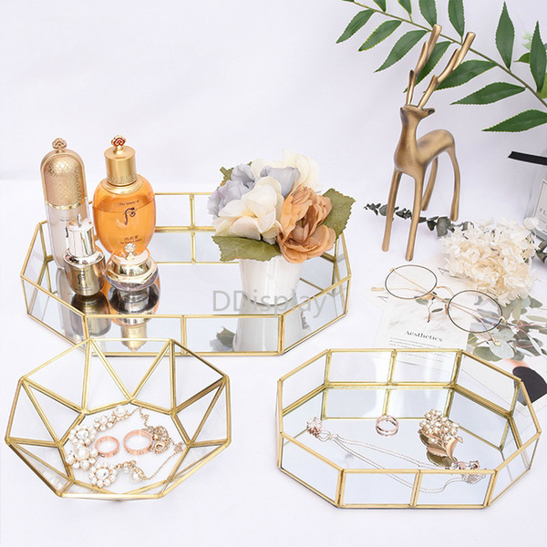 [DDisplay]Geometric Polygon Retro Jewelry Disk Creative Glass Tray with Mirror Base Personalize Cosmetic Glass Display Organizer