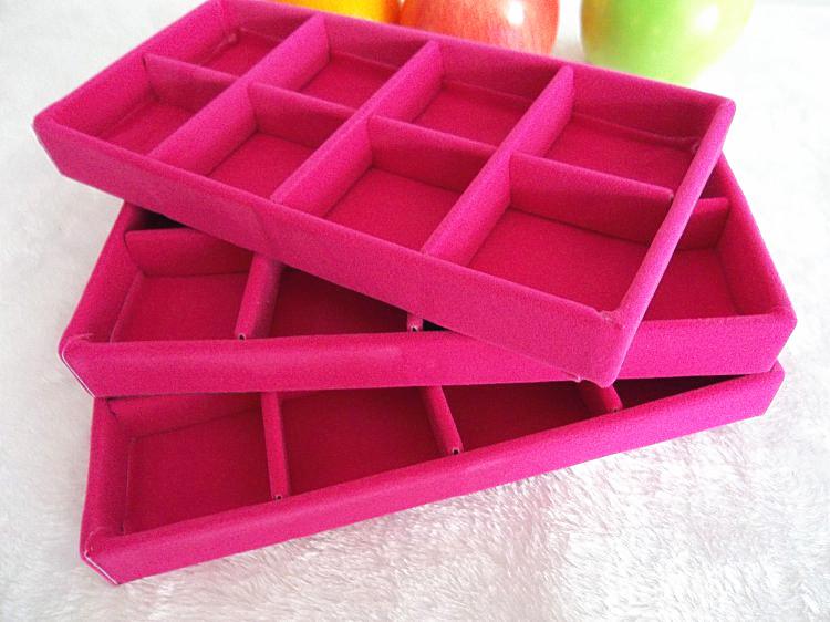 Free Shipping Ice Velvet 3pcs/lot 8 Grids Jewelry Organizer Tray Rose Red Black Grey Brown Velvet Jewelry Display Gift Box