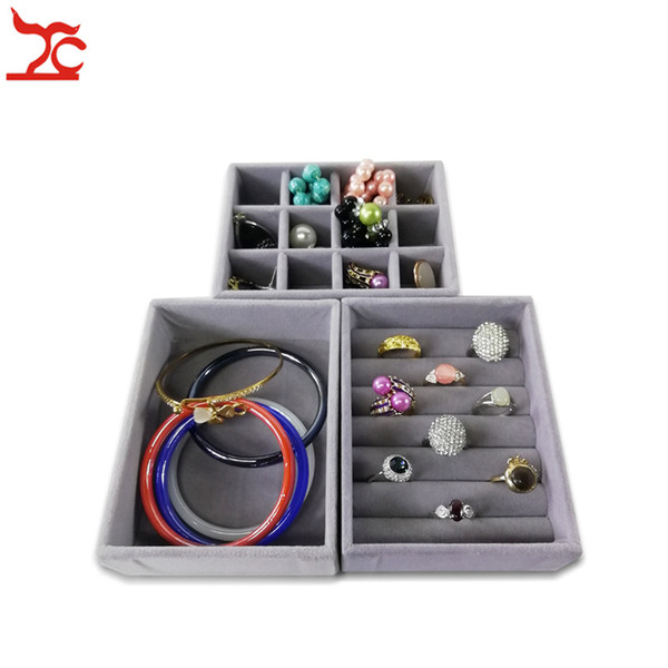 New Multi-functional Small Grey Velvet Drawer Cabinet Jewelry Organizer Case Wooden Ring Bracelet Necklace Earring Storage Tray