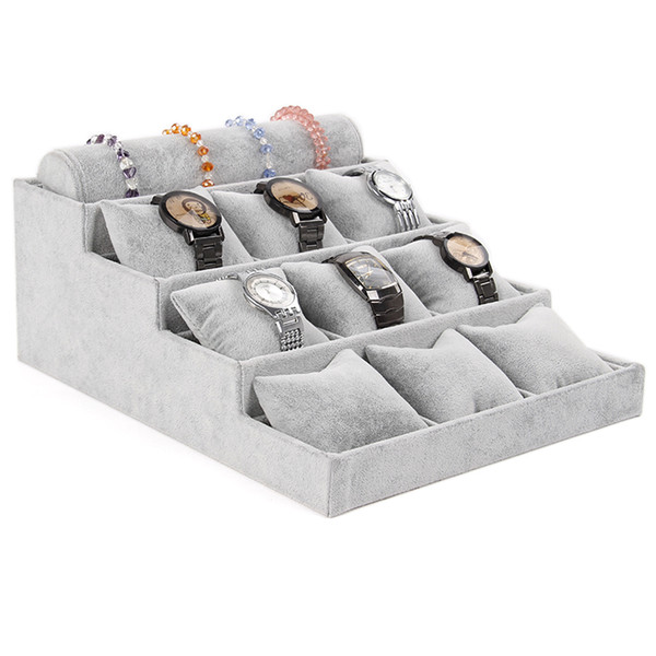 High-grade Multilayer Gray Velvet Watch Bracelet Jewelry Display Stands Holder Headdress Flower Storage Rack Jewelry Tray Organizer