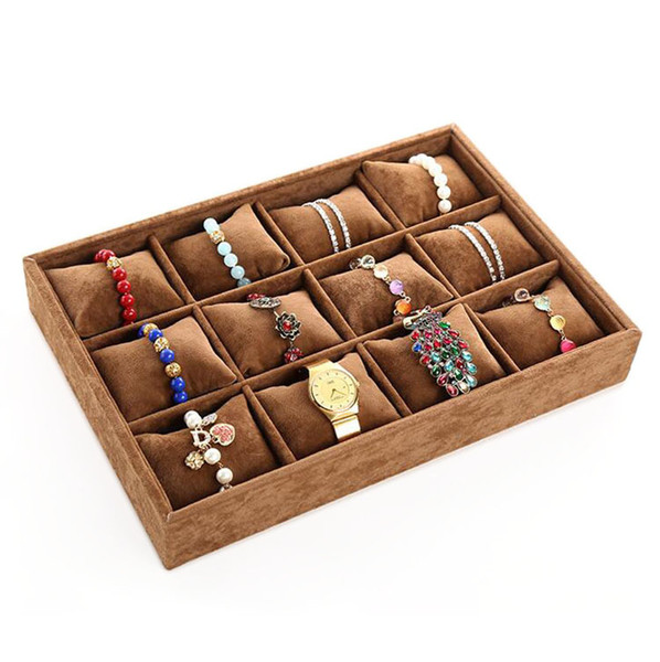 Coffee velvet jewelry display trays wholesale 12 Booths Pillow Bracelet Bangle Watch Organizer Stand Holder Tray