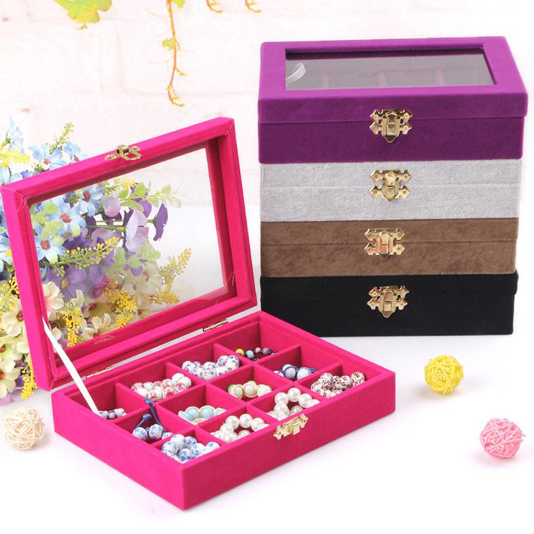 Quality 12 Grid Jewelry Tray With Glass Lid Ring Earring Necklace Bracelet Display Box Loose Beads Jewelry Storage Box