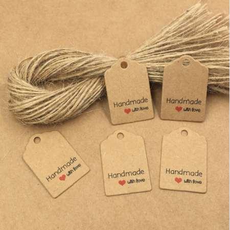 200pcs 3x2cm Kraft Paper Handmade Gift Tags With Strings,Wedding Packing Labels Love Paper Card/Price tags,Handmade Hang tags