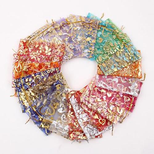 100pcs/lot Heart Flower Small Organza Bags Favor Wedding Christmas Gift Bag Jewelry Packaging Bags Pouches Drawable