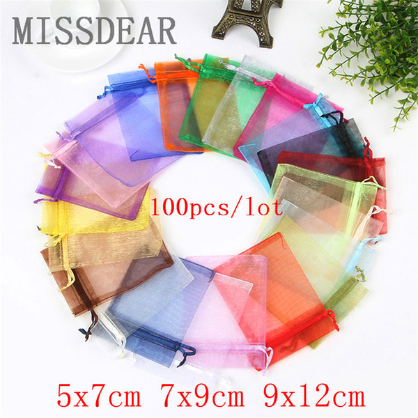 100pcs 5x7 7x9 9x12 CM Small Organza Bags Jewelry Packaging Bags Wedding Party Decoration Drawable Gift Pouches 22 colors