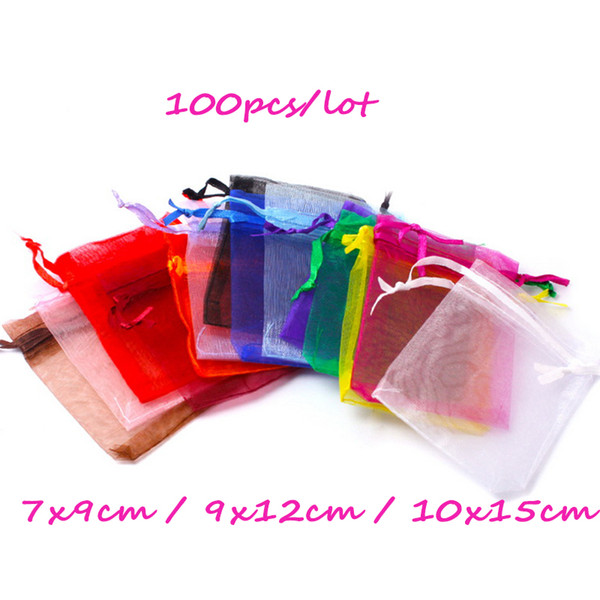 7x9/9x12/10x15cm Wholesale Christmas Gift 100Pcs Beautiful Mixed Colour Organza Pouch Jewelry Gift Bag for Wedding Festival