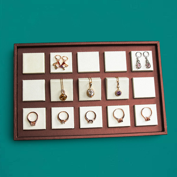 PU Leather Jewelry Display Tray With Solid Wood Ring Necklace Bangle Earring Display Stand Organizer Showcase