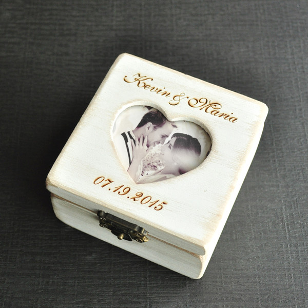 Jewelry Packaging & Display Personalized ,Engraved Names and Date Bearer Box,Heart shape Photo Wedding Ring Box,Wedding Ring Pillow