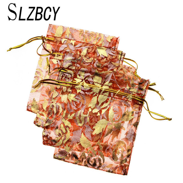 SLZBCY 7*9/11*16/15*20 cm Flower Drawable Organza Bags Jewelry Packaging Pouches Christmas Wedding Gift Bags Wholesale 50pcs/lot