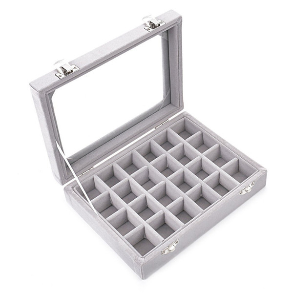 Grey 24 Slot Velvet Glass Jewelry Box Organizer Rings Earrings Tray Display Storage Case