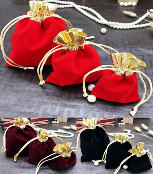 50pcs Quality Black Velvet Jewelry Bags 7x9 10x12 12x15cm Gold Mouth Jewelry Gift Bags Drawstring Wedding Christmas Jewelry Bags