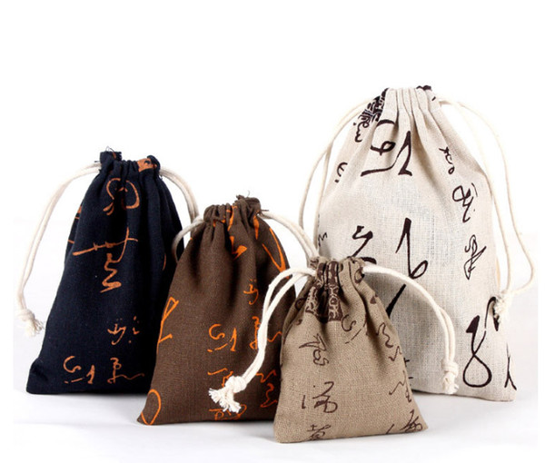 Chinese characters Linen Gift bag 8x10cm 9x12cm 10x15cm 13x17cm Pack of 50 Jewelry Drawstring Pouch