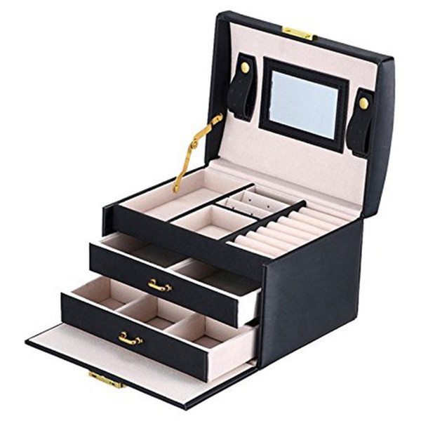 Black Color PU Leather Jewelry Packaging Box With 2 Drawers Three-layer Storage Jewelry Organizer Carrying Cases Women Cosmetic