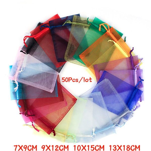 50Pcs 21 Color 7X9 9X12 10X15 13X18cm Organza Bags Gift Bag Drawable Jewelry Packing Pouches Can Custom LOGO