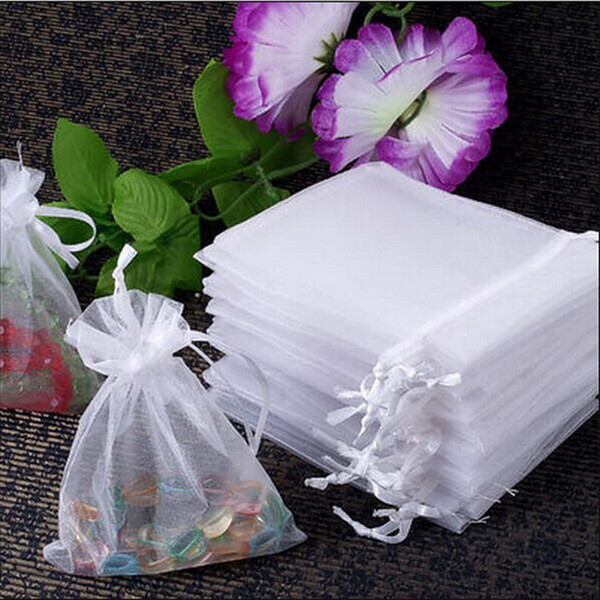 100pcs Jewelry Gift Bags 7x9cm White Organza Jewelry Popular Small Drawstring Gift Bags Cheap Wedding Bag Tulle Favor Sack