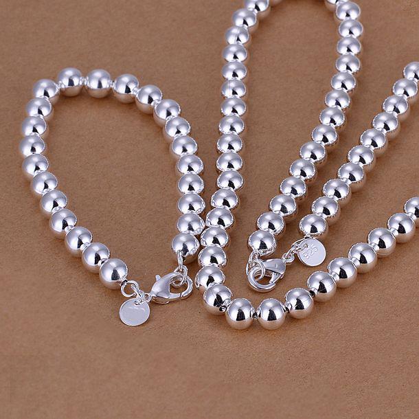 Popular 8mm Beads 925 Silver Jewellry set ! 925 Silver Jewelry sets Women's Bracelet&Necklace 8inch 18inch S081