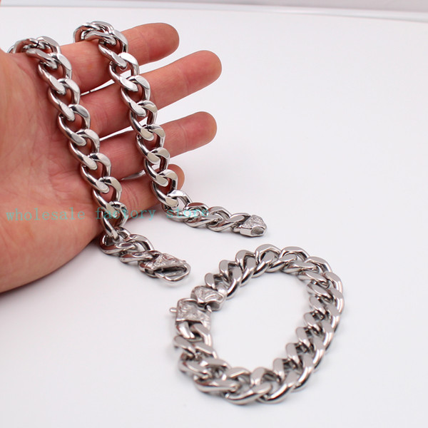 Charming Gifts Strong Link 10mm/15mm Huge Silver Cuban Curb Chain Necklace Bracelet Stainless Steel Jewelry Set Retro Clasp