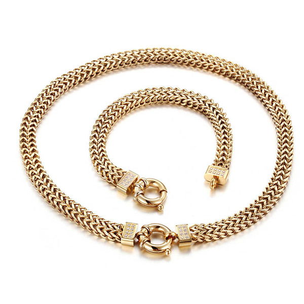 2017 New Design Charming Women's Gift Gold Stainless Steel 8mm Biker figaro Chain Necklace & Bracelet Jewelry Set Cool