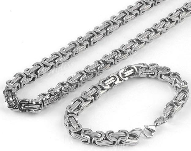 XMAS/thanksgiving gift Free ship!Fashion men's jewelry set Stainless Steel silver 8mm byzantine chain necklace&bracelet