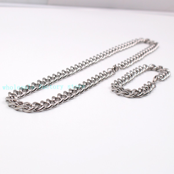 Strong Jewelry 10mm/15mm Silver Heavy Link Cuban Curb Chain Necklace Bracelet Stainless Steel Jewelry Set with Lobster Clasp