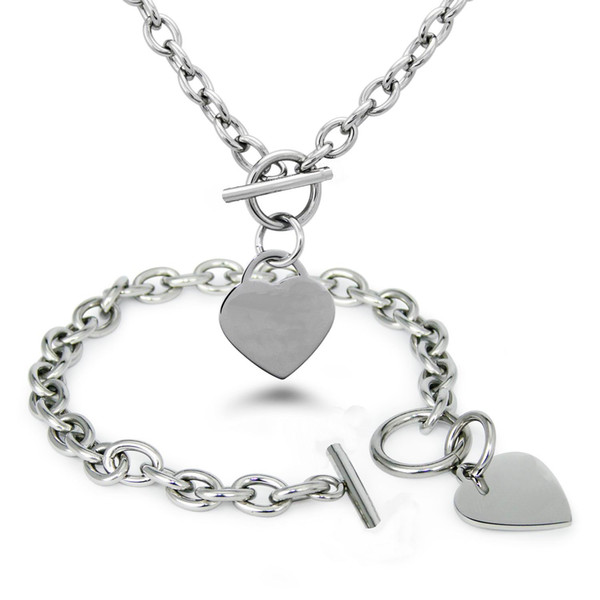 New Fashion Women Jewelry Set Silver Polished Stainless Steel Heart Chain Necklace and Bracelet Set