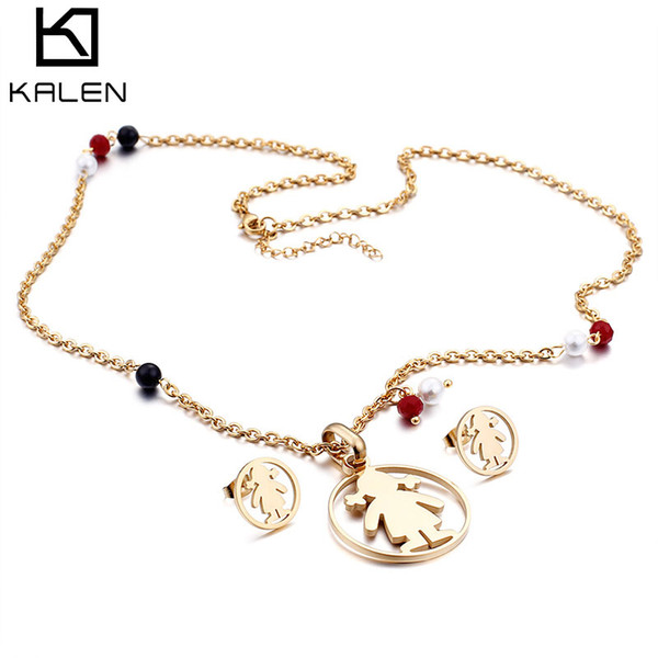 Pendant Necklace & Earrings Lady Women Girl Baby Style Jewelry Set Silver/Gold/Rose Gold Link Chain Stainless Steel