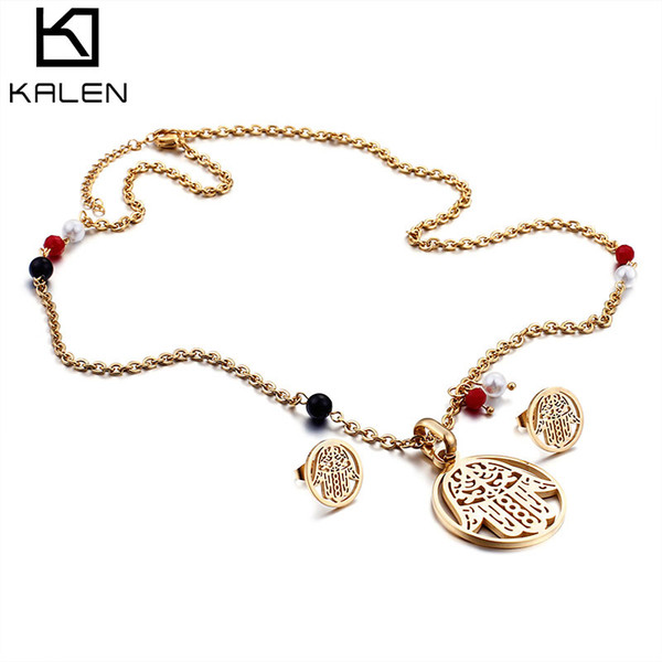 Pendant Necklace & Earrings Lady Women Palm Jewelry Set Silver/Gold/Rose Gold Link Chain Stainless Steel KALEN