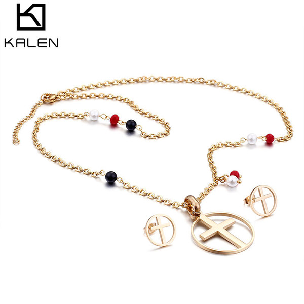 Pendant Necklace & Earrings Lady Women Cruz Jewelry Set Silver/Gold/Rose Gold Link Chain Stainless Steel