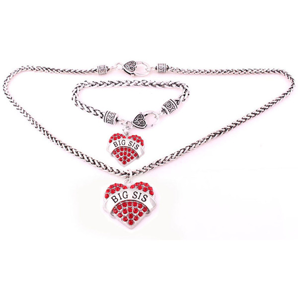 BIG SIS Hearts Jewelry Sets 5set Lobster Claw Wheat Link Chain With Crystal Heart Necklace Bracelet Set