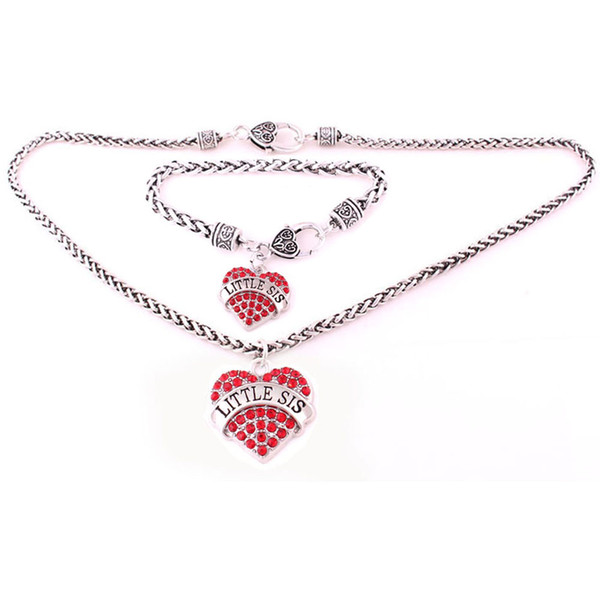 LITTLE SIS 5set With Crystal Heart Charm Pendent Lobster Claw Wheat Chain Necklace Bracelet Set Jewelry