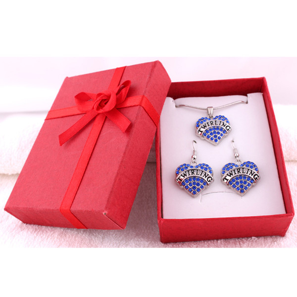 For Woman Jewelry Set Letter TWIRLING Crystal Rhinestone Heart Love Peach Hearts Pendant Earring And Necklace With Gift Box Jewellery Sets