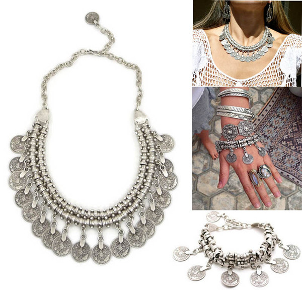 Bohemian Gypsy Love Affair Necklace Bracelet Set Antalya Silver Coin Choker Bib Statement Fringe Turkish Boho India Festival