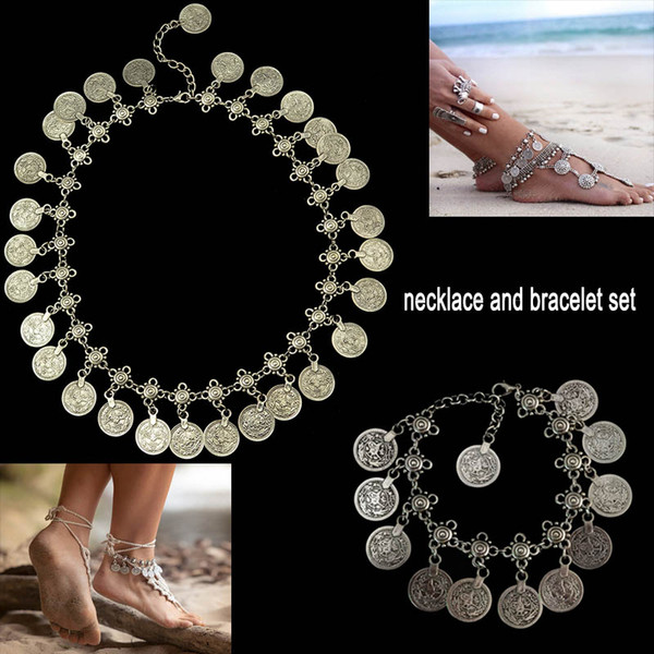 Flower Child Silver Coin Necklace Anklet Set Jewelry Set Adjustable Handmade floral design Boho Gypsy Beachy Ethnic necklace bracelet sets