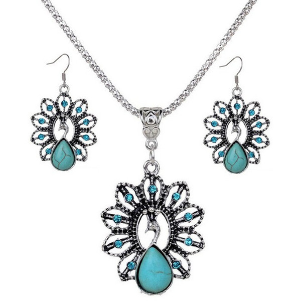 Europe and the United States foreign trade jewelry wholesale retro Korean earrings peacock turquoise earrings necklace set for sale