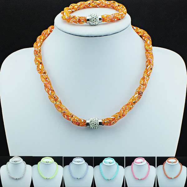 Mix Color Sales Jewelry Sets Filled Crystal Mesh Infinity Magnetic Clasp Link Bracelets & Necklace Sets DIY Jewelry