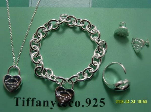 Hot ! 2019 New Fashion tiffany925 silver Women Jewelry Set Silver Polished Stainless Steel Heart Chain Necklace and Bracelet Set SALE