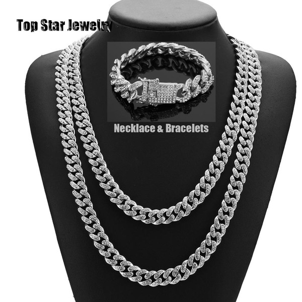 HipHop Bling Bling Jewelry Sets 14K Gold Plated Full Cubic Zirconia Necklace Bracelets Men Women MIAMI CUBAN LINK CHAIN Iced Out Accessories