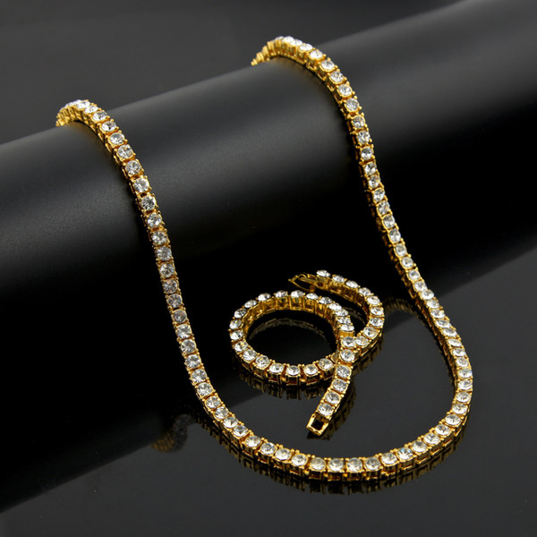 Men Gold Silver Simulated Diamond Hip Hop Tennis Chain 1 Row Top Fashion Bling Bling Necklace Bracelet Set