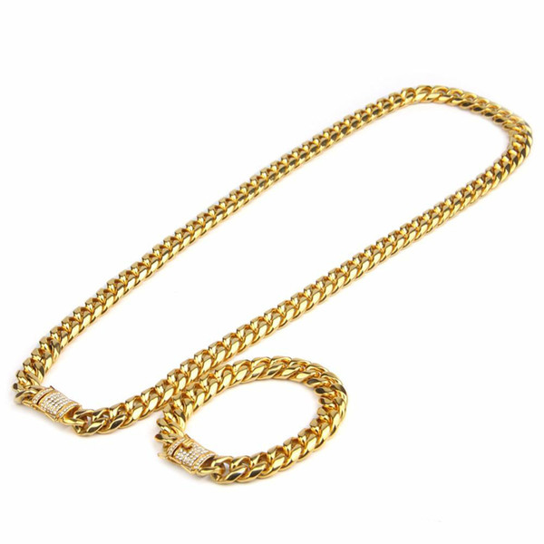 On Sale 14mm Men Cuban Link Bracelet & Chain Set AAA Rhinestone Clasp Stainless Steel Gold Hip Hop Necklace Chain Jewelry Set