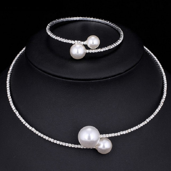 Imitation pearls Crystal Bridal Jewelry Sets Female Vintage Ethnic Wedding Bijoux Gift Fashion Luxury Choker Necklace Bracelet Set for Women