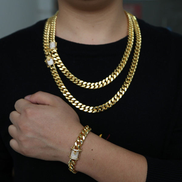 2018 Gold filled Rock hip hop men boy jewelry wide cuban link chain micro pave cz clasp high quality Cool Miami bracelet necklace set