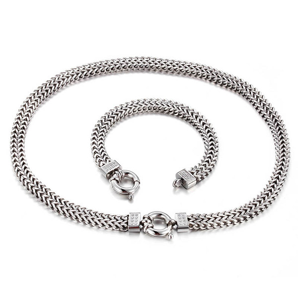 Awesome Cool Design High Quality Stainless Steel Double figaro Chain Silver Necklace & Bracelet Set Best Gift For Women