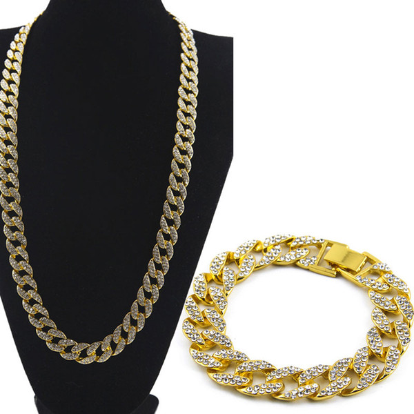 Men's Luxury Simulated Diamond Fashion Bracelets & Bangles Necklace set Gold Plated Iced Out Miami Cuban Bracelet Hip Hop