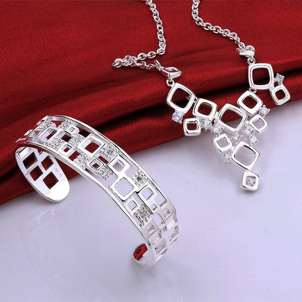 Wedding Jewelry 925 Sterling Silver  Zircon Crystal Square Necklace Bangle Jewelry set