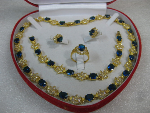 14k Yellow gold blue sapphire necklace bracelet ring set