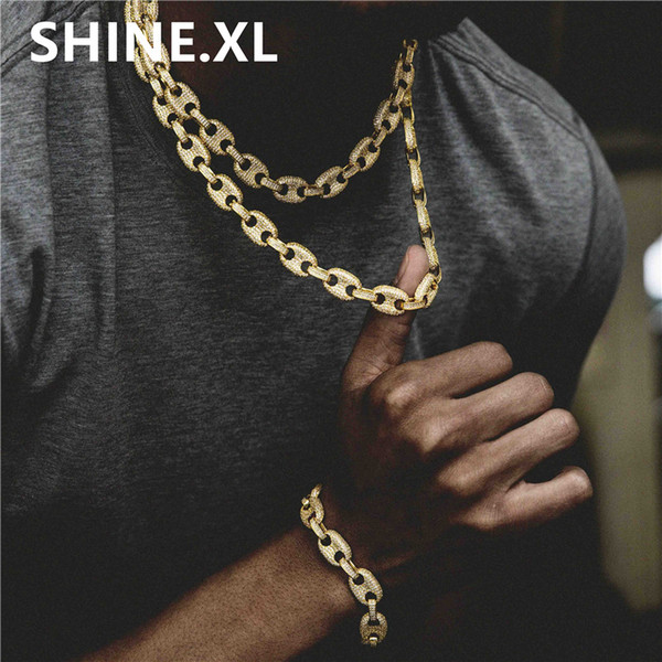 Hip-hop Men Jewelry Necklace and Bracelets Copper Gold/Silver Color Plate Micro Pave CZ Stone Link Chains Jewelry Set